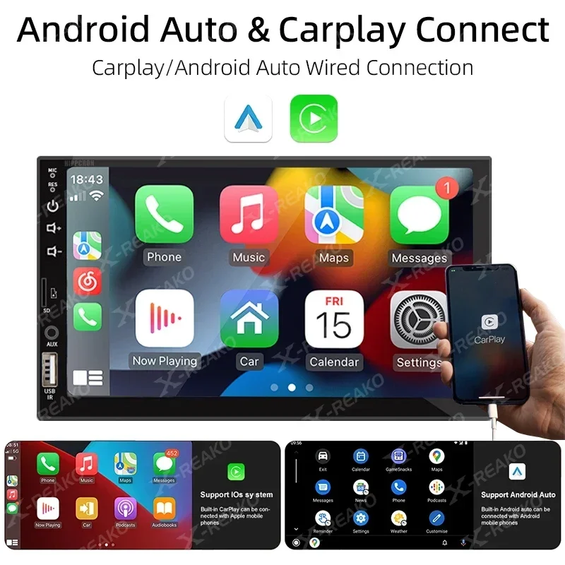 Android Auto 1 Din Car Radio Carplay Multimedia Player 7‘’ HD Touch Screen FM AUX Input Bluetooth MirrorLink Universal Autoradio