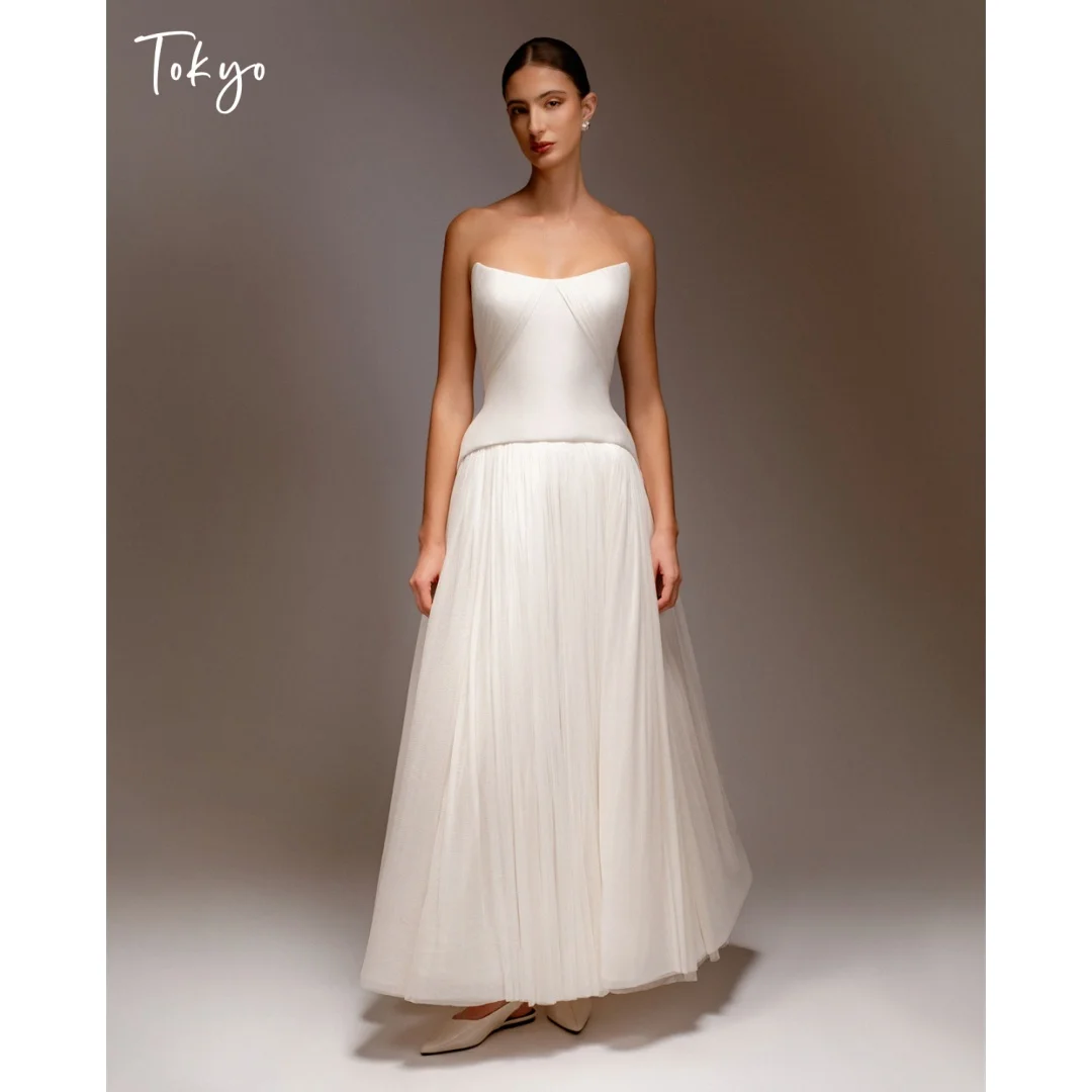 Tokyo Custom White Strapless Pleated Wedding Dress Sleeveless Ankle Length Bridal Gown Elegant Formal Evening Occasion Dress