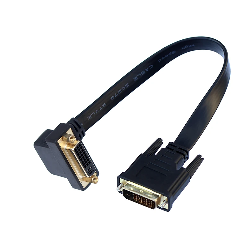 25CM DVI-D Male to DVI-I Female Extension 90 Degree Angled Short Cable Cord Flat Shape  for PC Monitor