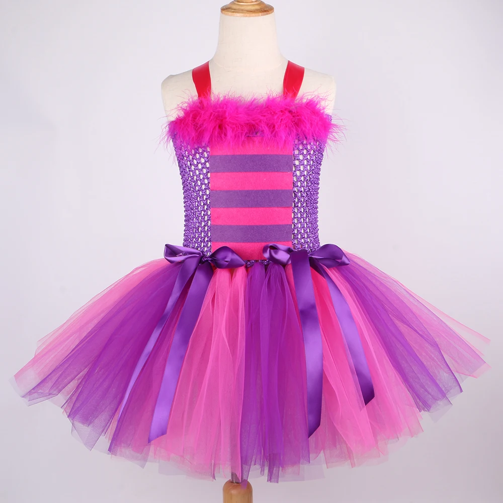 Alice In Wonderland Cheshire Cat Girls Tutu Dress Hot Pink Purple Cartoon Tulle Girls Party Dress Kids Halloween Cosplay Costume