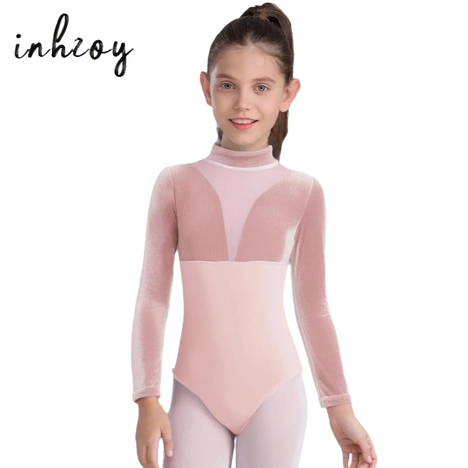 أطفال بنات رداء رقص الباليه وهمية الرقبة طويلة الأكمام سستة المخملية شبكة المرقعة القطن ارتداءها الباليه الرقص العملي زي #1