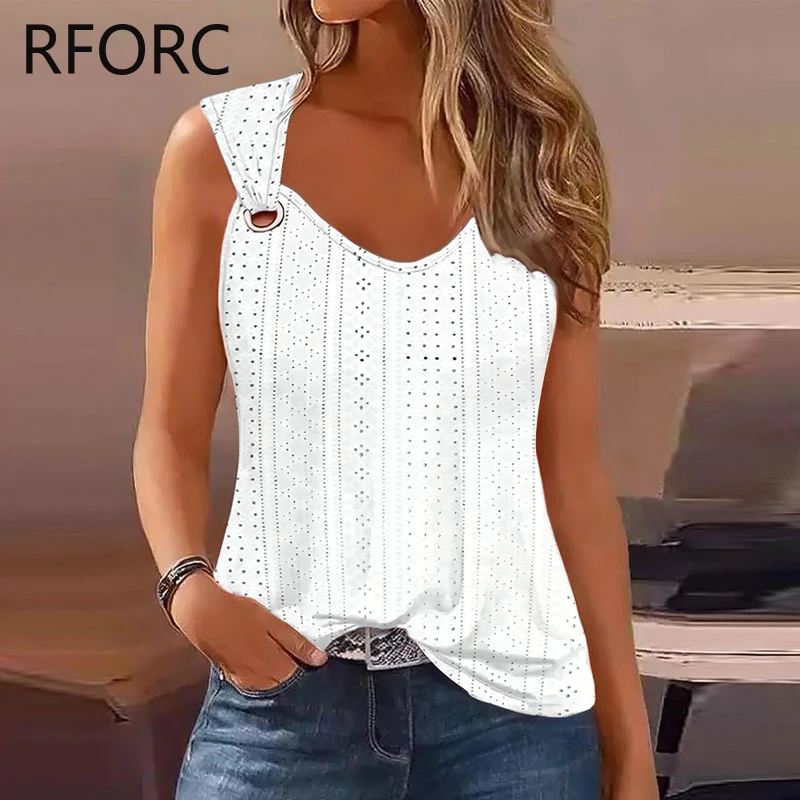 2024 Women Solid Thick Straps Hook Flower Hollow Sleeveless Casual Camis White Crop Tops