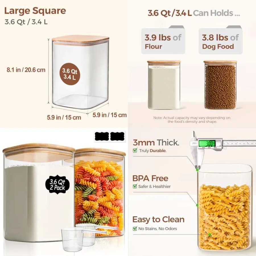 

3.6 Qt Glass Food Storage Containers Set of 2, Large Storage Containers with Lids, Square Glass Jars with Lids, for Flour and S