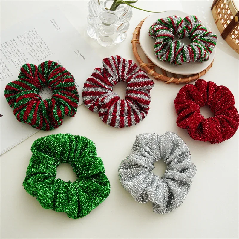 Christmas Scrunchies with Soft Tinsel Fabric Autumn and Winter Simple Hair Band Green Red Silver High Elasticity Ring