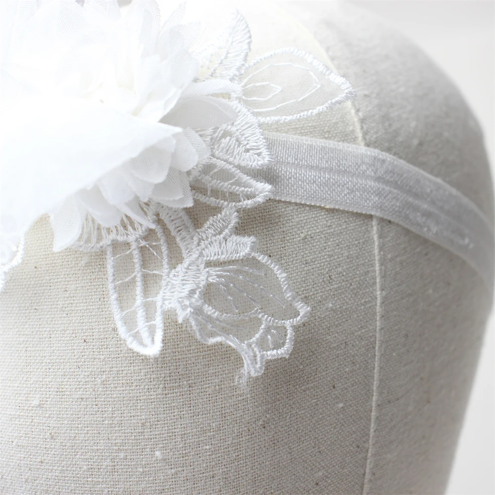 Weiße Spitze Chiffon Blumen Stirnband Baby Mädchen Blumen Turban Prinzessin Mesh Floral Perle Neugeborenen Haar Blume Photoprop Kopfbedeckung – Detail 8