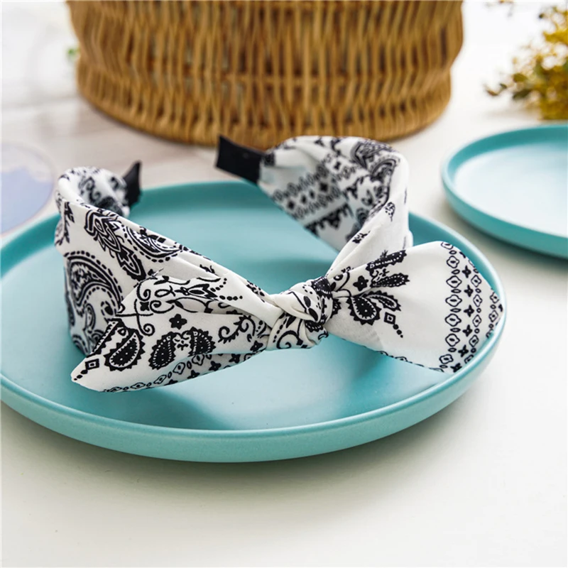 Boho Floral Print Headbands Bow Wide Brimmed Head Hoop For Women 2024 Trendy Cross Knot Hair Hoops Vintage Elegant Headwear