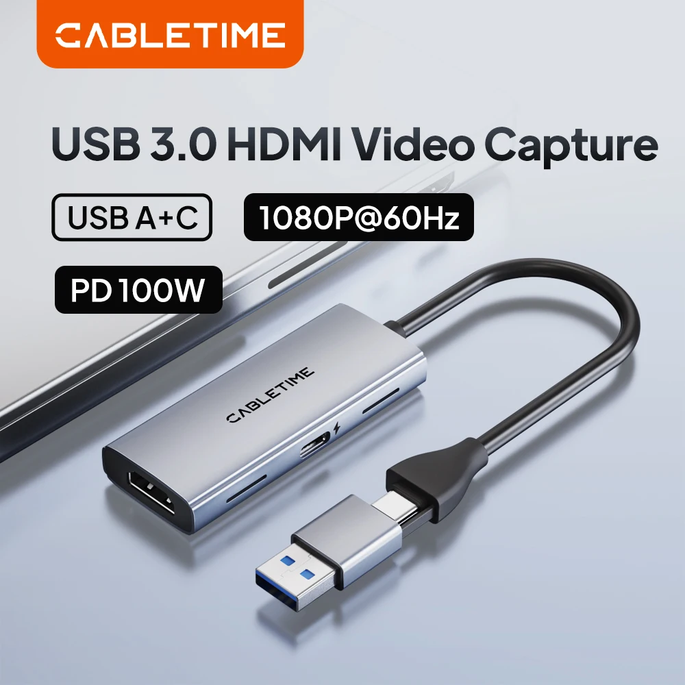 CABLETIME USB 3.0 Video Capture Card PD 100W HDMI Capture 5Gbps 4K 1080p Full HD for PS5 Srteaming Switch Video Recorder