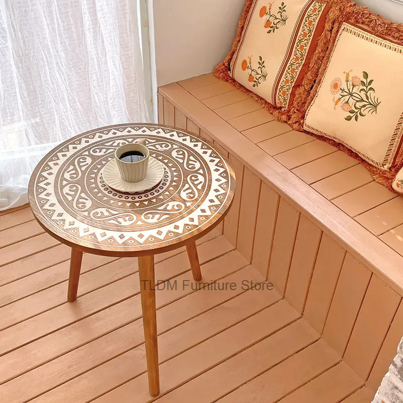 Bohemian Round Side Table with Hand-Painted Mandala Top,Vintage Ethnic Pattern End Table for Balcony,Living Room & Bedroom Decor
