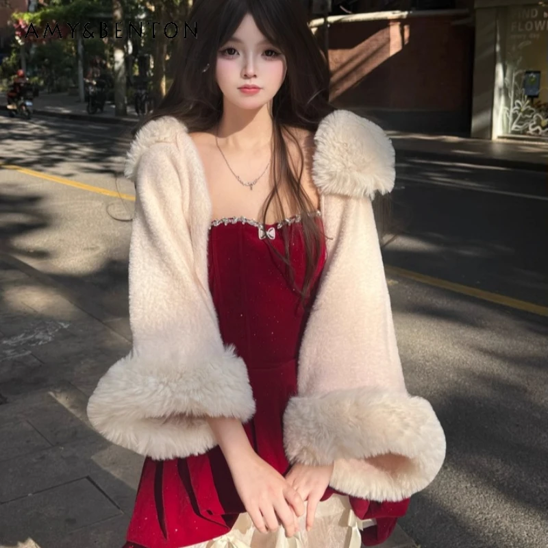 

New Year Red Women's Clothing 2025 Winter Sweet Heavy Red Velvet Strapless Short Dress Holiday Christmas Gift Dresses Ladies