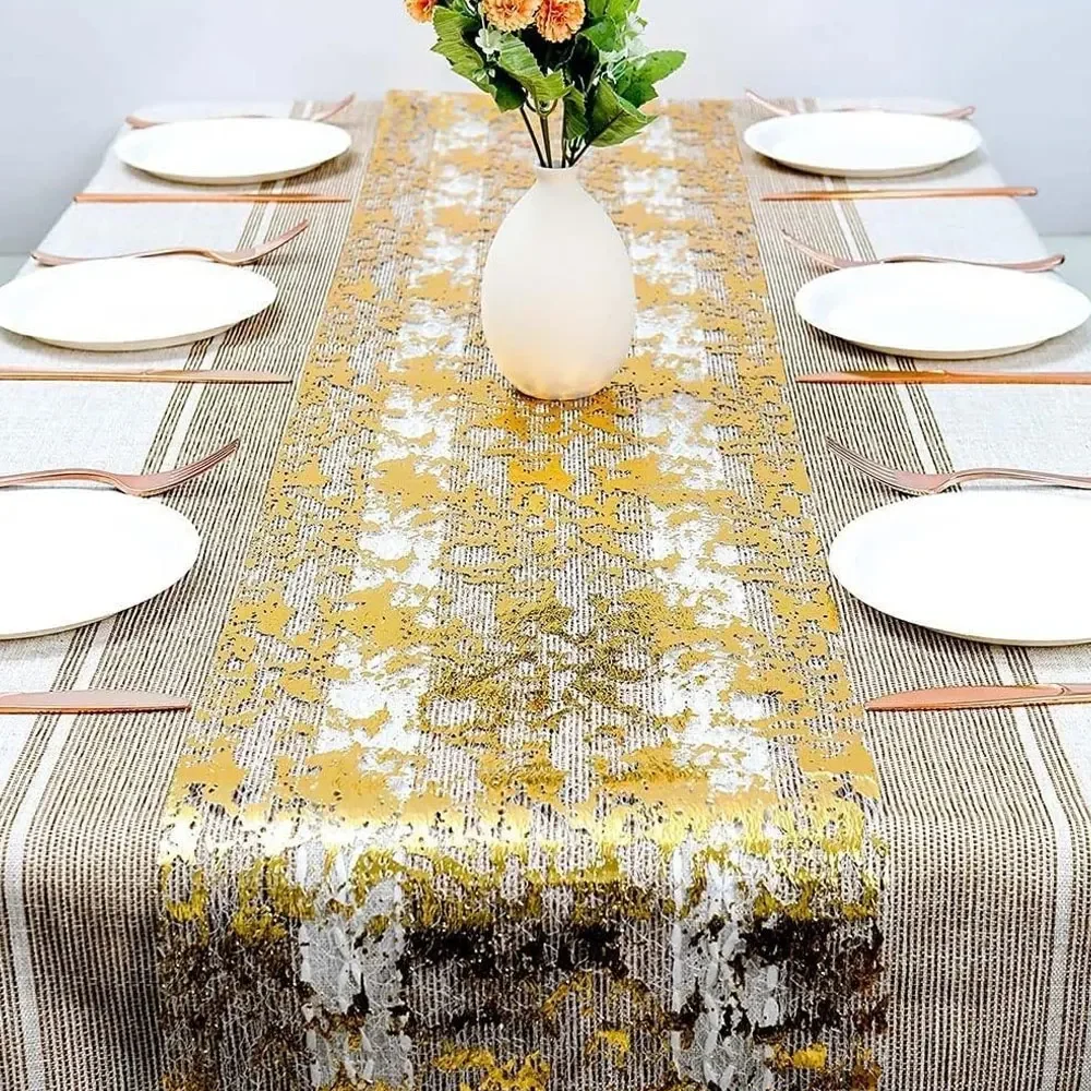 Golden Table Runner Wedding Decoration Table Runner Party Goldfoil Mesh Rose Silver Sequin Thin Roll Dining Tablecloth Decor