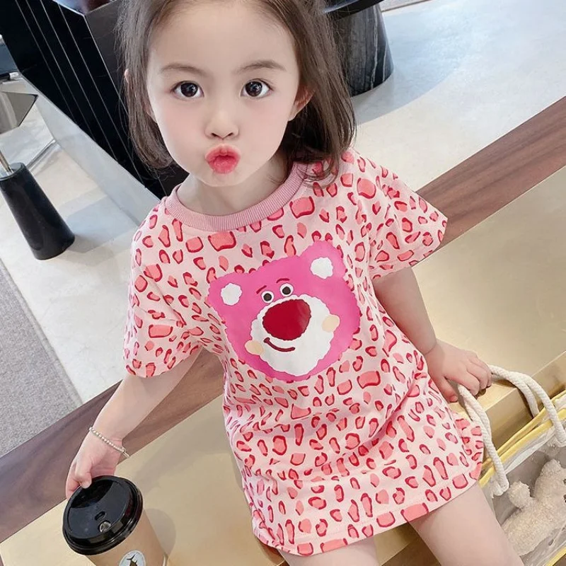 Summer New Girls' Pink Leopard Print Teddy Bear Short Sleeved Cool And Loose Round Neck Long T-shirt Dress