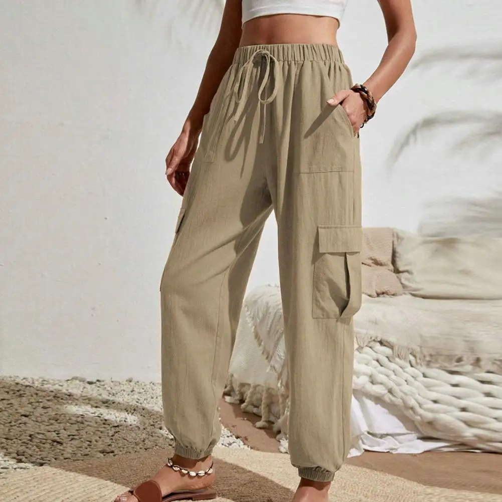 

Casual Trousers Women Spring Summer Bottoms Retro Solid Color Women's Trousers with Multi Pockets High Elastic Waist for Casual