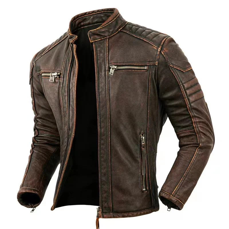 Top-Quality Cowhide Genuine Leather Jacket Men\'s Fashion Retro Old Collar Biker Jacket Spring And Autumn New Style