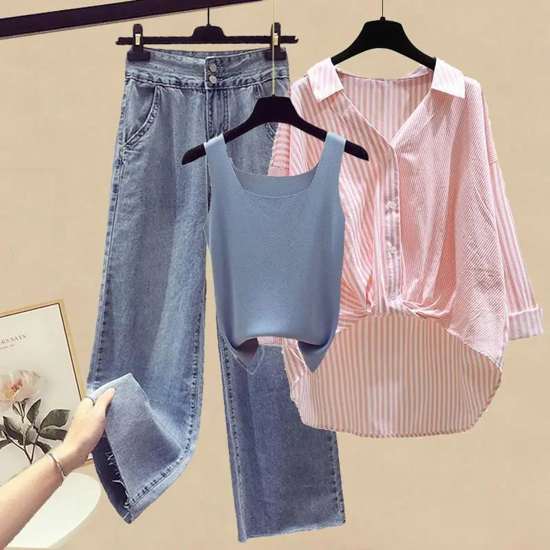 Imagem -04 - Roupas Femininas Idade Redução Conjunto para a Primavera Verão 2023 Nova Chegada Camisa Cabolsa com Regata Perna Larga Jeans Três Peças Conjuntos