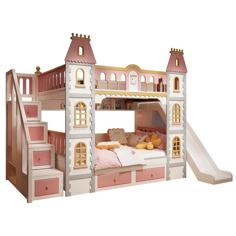 

All solid wood children's up and down beds Bunk beds High and low beds Two floors Princess Dream Castle Slide Villa