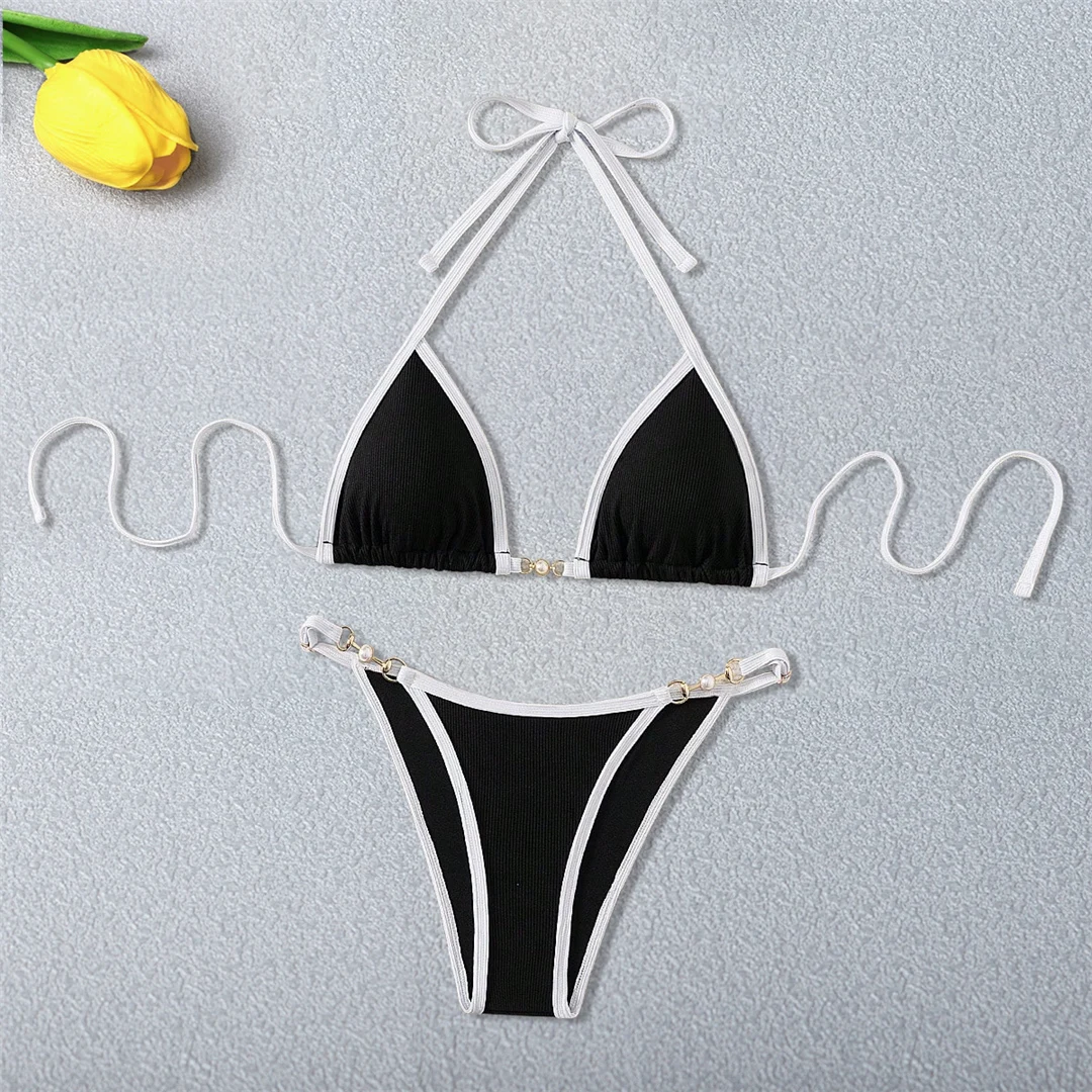 Perlen-Halterneck-Bikini mit hohem Beinausschnitt, zweiteiliger Badeanzug für Damen, gerippter, gepolsterter Badeanzug, Badebekleidung, Badeanzug V6315 – Detail 9