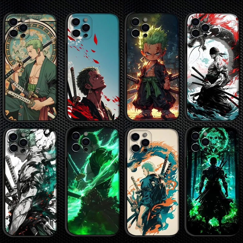 

Anime Zoro One P-Pieces Phone Case For iPhone 16,15,14,13,12,11 Plus,Pro Max,XS,X,XR,SE Soft Silicone Black Cover