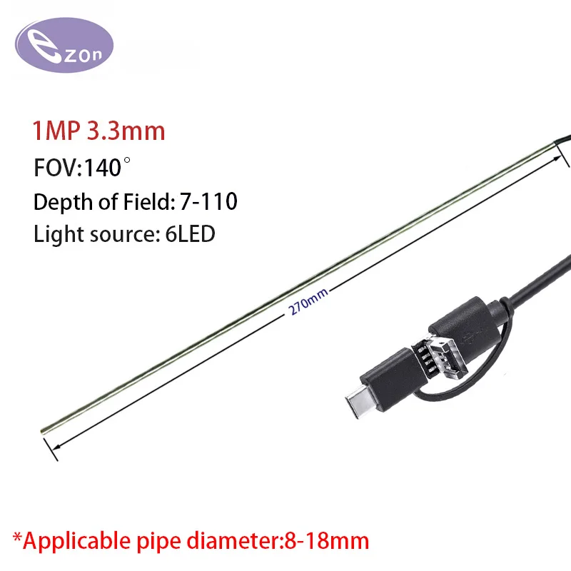 HD industrial endoscope inspection camera diameter of 3.3mm, long-tube camera with 6 LED compatible with Android systems and PC.