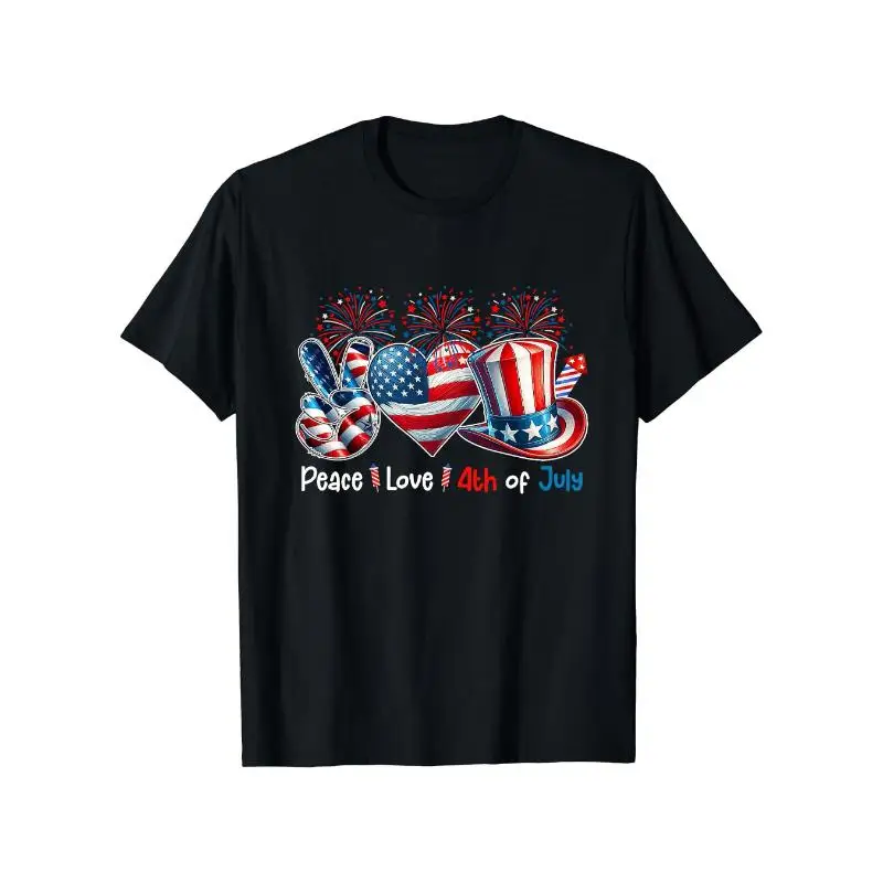 

Unisex Patriotic T-shirt, "Peace Love 4th of July" Graphic Tee, American Flag Red White Blue Stars Stripes Casual Top