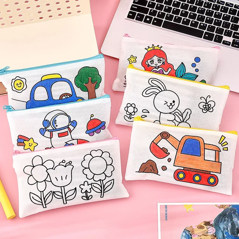 6Pcs Cartoon DIY Art Painting Graffiti Pencil Case for Kids Birthday Party Favors Pinata Fillers Back To School Stationery Gift