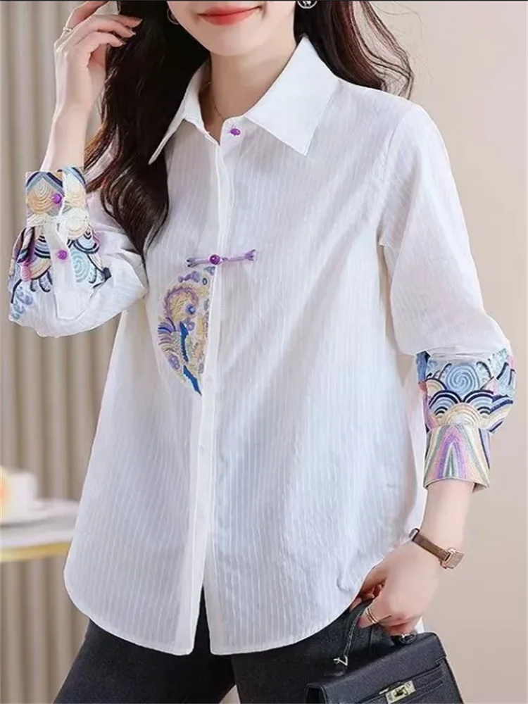 Retro Blouse Women\'s Shirt Embroidery Blouses Chinese Style Woman Clothes Shirts Laple Cardigan Top Casual Loose Female Shirt