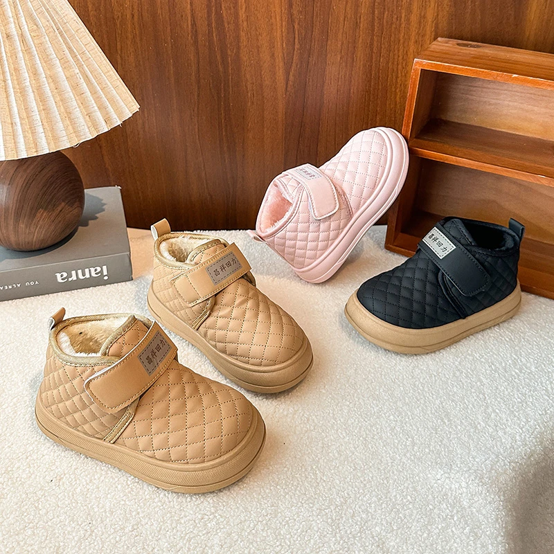 

Kids Casual Shoes Snow Boots Solid Color PU Leather Winter Flat Shoes Anti-slip Keep Warm Fleece-Lined Thick Short Snow Boots