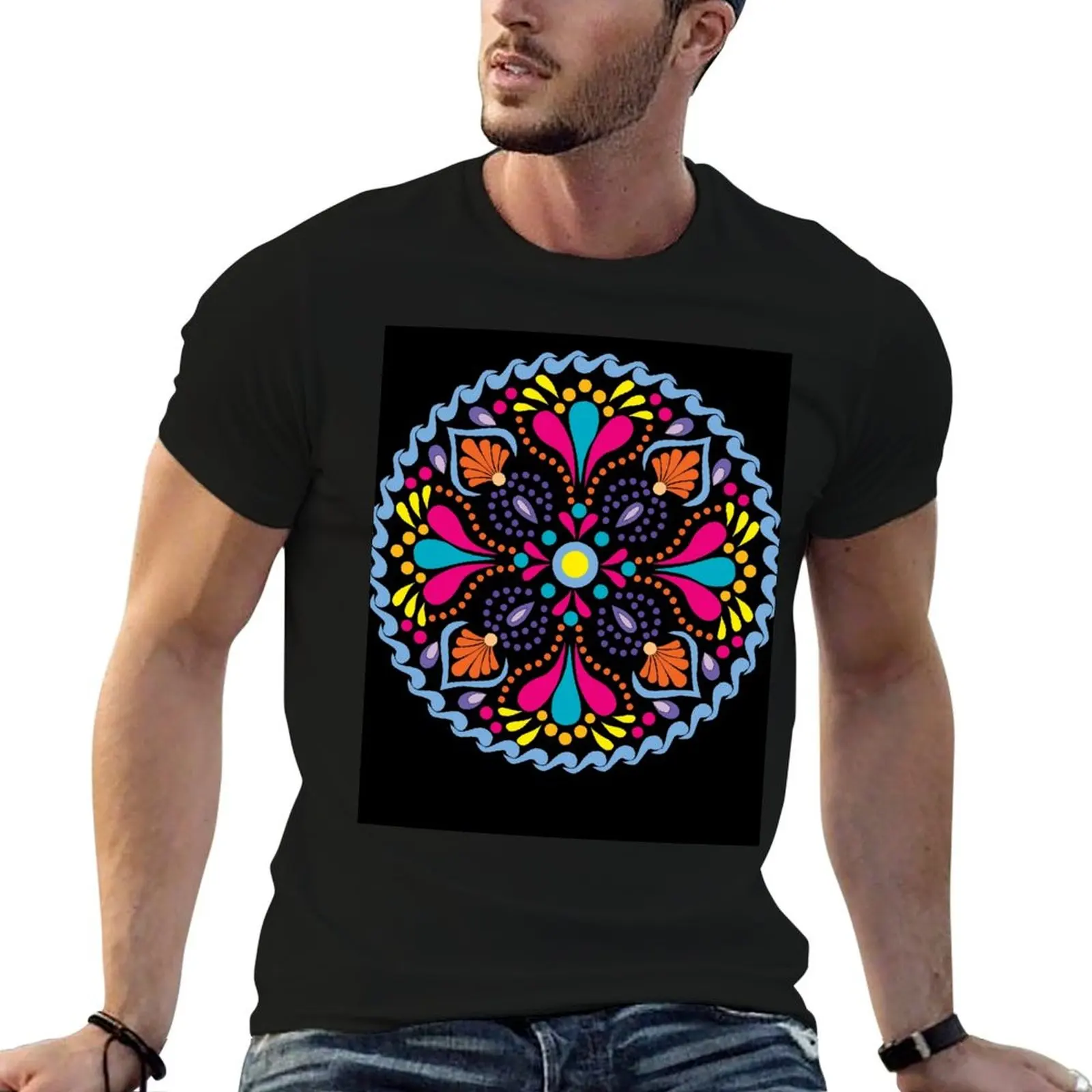 Synergy. Dot work. Digital colorful Mandala pattern T-Shirt summer tops graphics sports fans for a boy mens t shirt