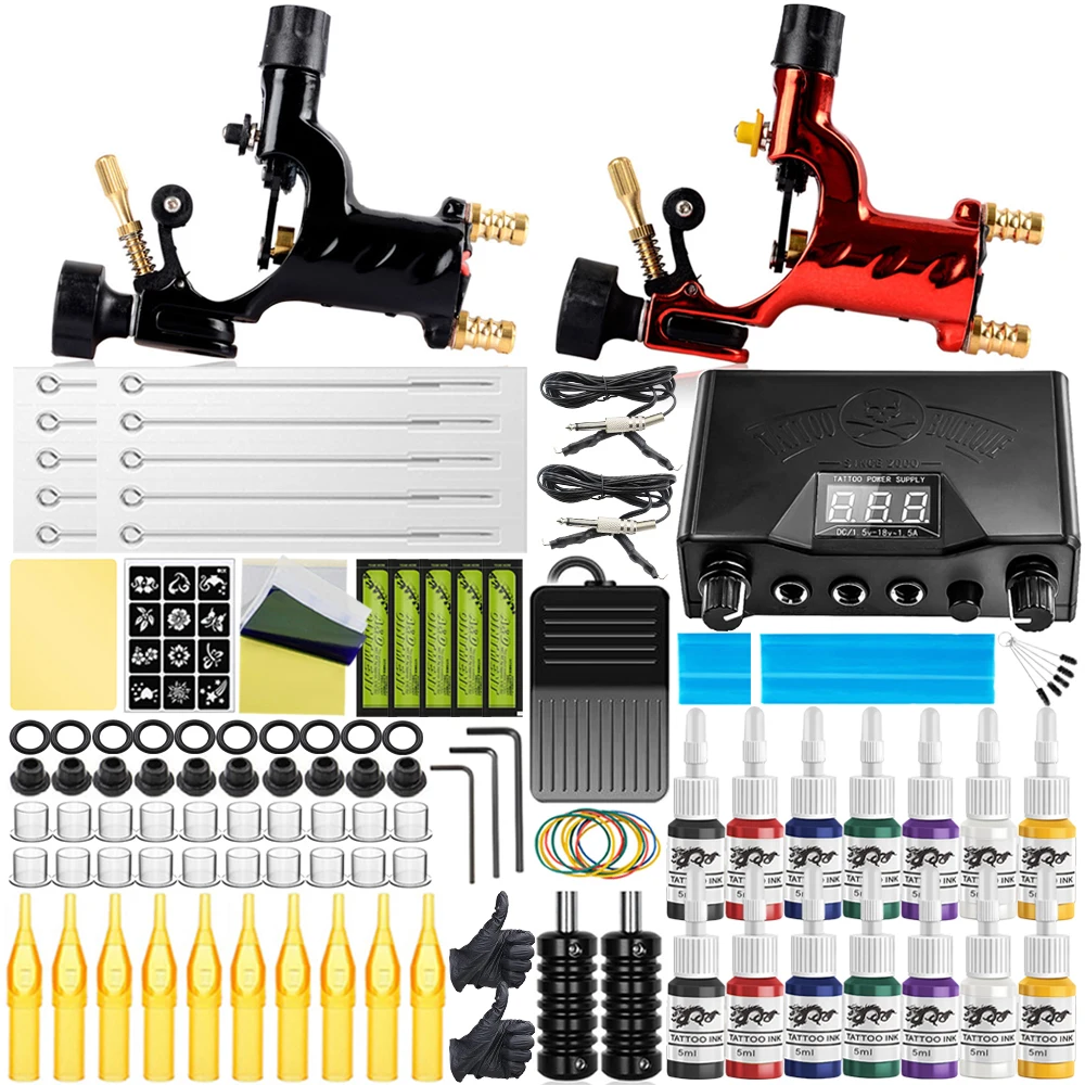 Professional Rotary Tattoo Machine Kit STattoo Kit Set with Tattoo Power Foot Pedal Needles Pigment ink for Beginner