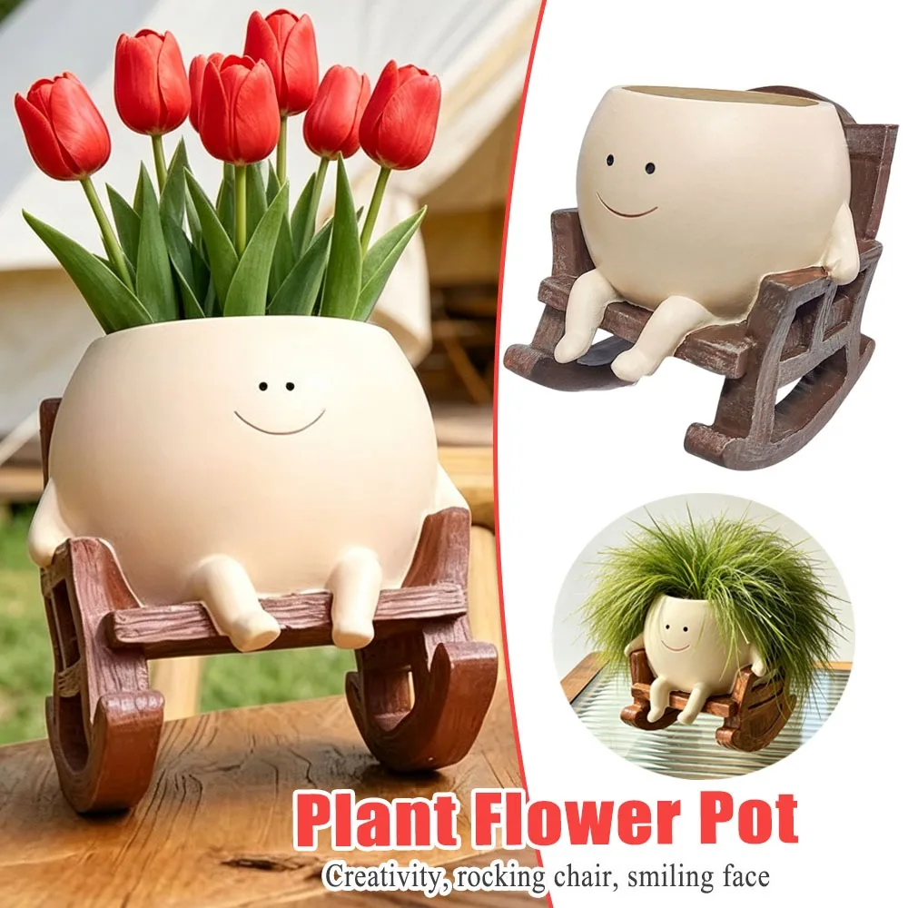 Rocking Chair Smiley Face Flower Pot Cute Plant Planter Mini Creative for Balcony Indoor Courtyard High Aesthetic Decorative