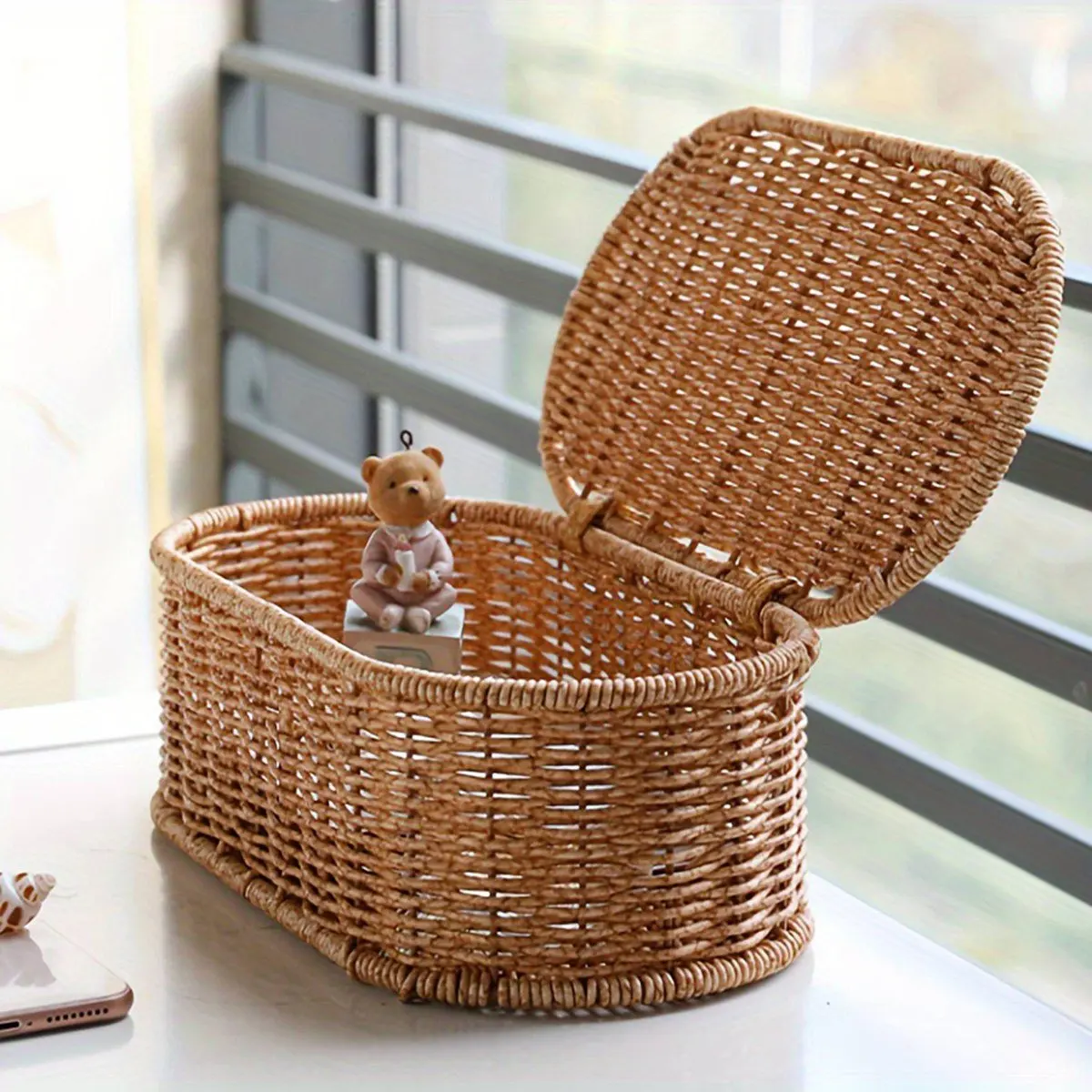 Bohemian Imitation Rattan Storage Basket - Woven Storage Box, Dust-Proof Cutlery Frame, Home Basket Kitchen Organizer Large Size