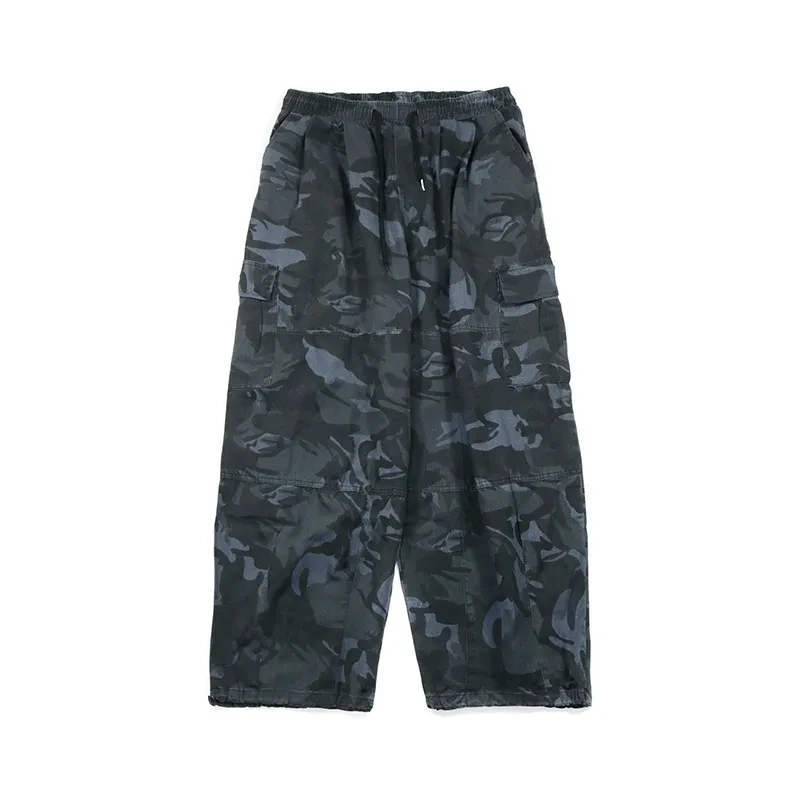 Calças de carga militar do vintage das mulheres dos homens camuflagem ferramentas calças de perna larga outono hip hop solto calças retas masculino streetwear