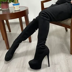 Olomm 2022 Handmade Women Platform Thigh High Boots Unisex Stiletto Heels Round Toe Elegant Black Cosplay Shoes US Size 5-20