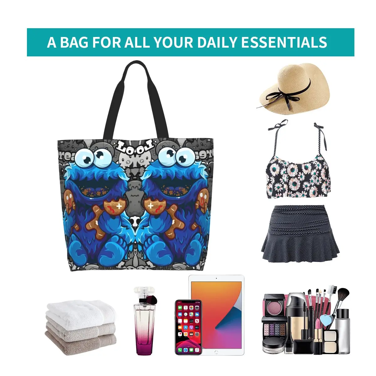 مخصص كوكي الوحش البقالة حقيبة قماش للمتسوقين حمل حقائب الكتف سعة كبيرة قابل للغسل حقيبة يد تلفزيون للأطفال #6