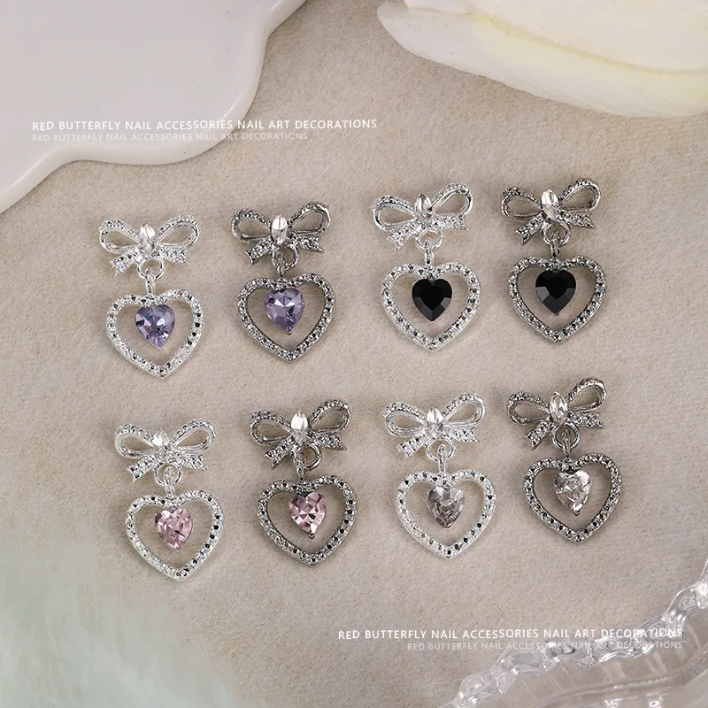 10 SZTUK Luksusowych Zawieszek do Paznokci z Kokardką ze Stopu, Ozdobne Serduszka z Cyrkoniami, Akcesoria do Dekoracji Paznokci, Narzędzia do Manicure
