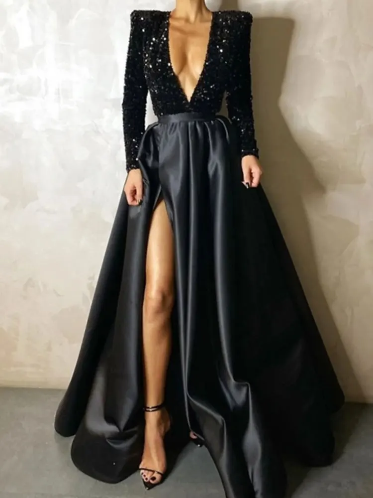 Deep V-neck Long Sleeve Floor Length Satin Sequin With Crystals Split A-Line Sparkle Party Wear Formal Evening Dress  2024