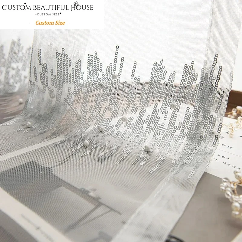 

Custom Size Fashion Pearl Sequins White Tulle Grey Luxury Sheer Curtains for Living Dining Room Bedroom Window Screen Decor