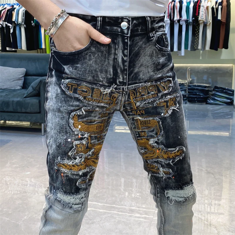 Embroidered Jeans Male Streetwear Jeans Mens European Style Gradient Color Contrast Jeans Masculina Hole Ripped Jeans For Men