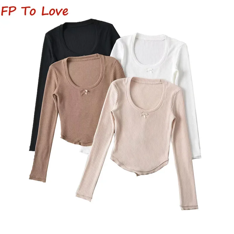 Spice Girls Round Neck Long Sleeve Bottom Shirt Designed Dense Cuffed Edge Slim Hem Curved Short Neckless Top