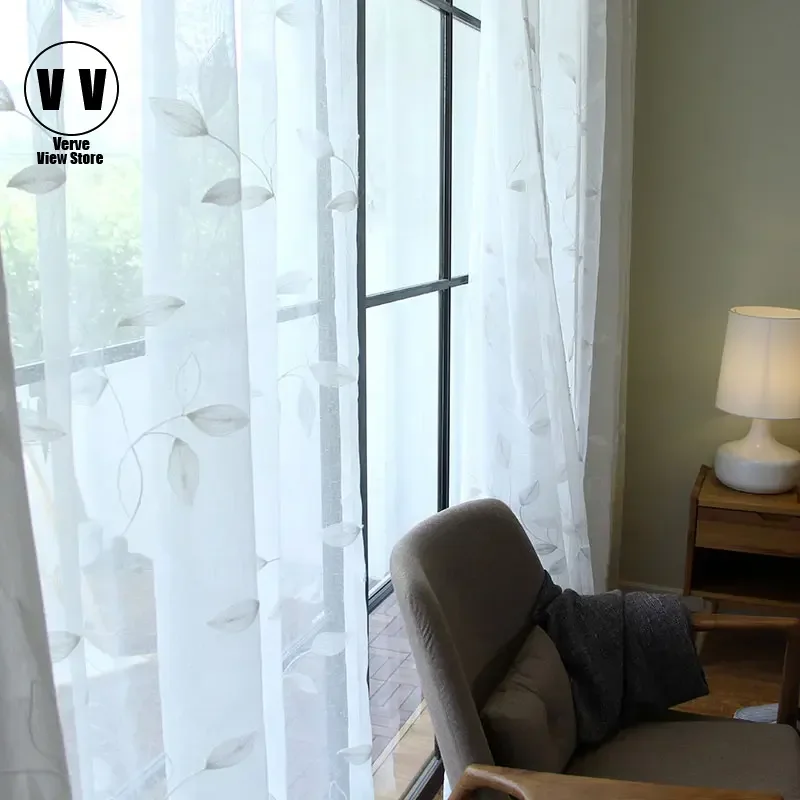 

White Embroidered Leaf Tulle Window Curtains for Living Room Sheer Voile Curtain for Bedroom The Kitchen Drapes Blinds Custom