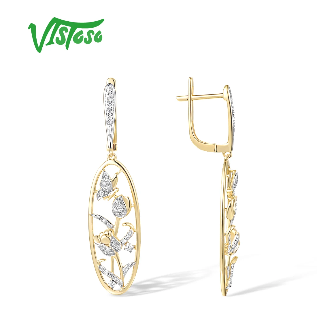 VISTOSO Real 14K 585 Yellow Gold Butterfly & Flower Earrings For Women Sparkling Diamonds Dangling Latch Back Fine Trend Jewelry