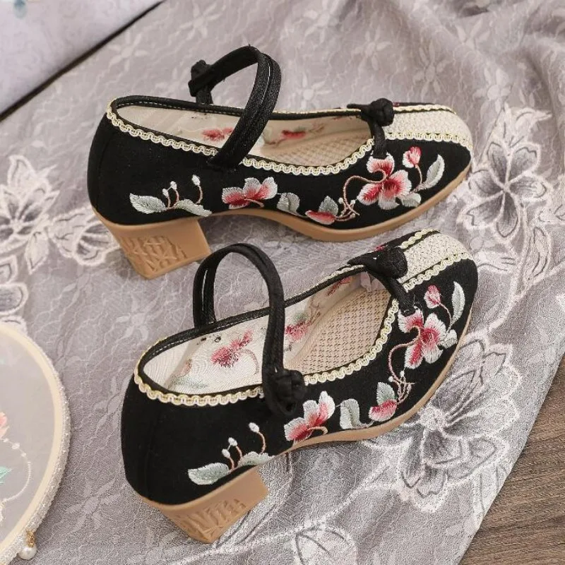 Vintage Ethnic Embroider mid Heel Mary Jane Shoes Button Strap Dress Pumps for Women Ankle Support Spring Summer Dance Footwear