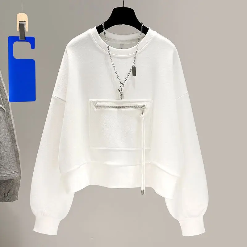 Autumn New Short Crewneck Sweatshirts Women Casual Long-sleeved T Shirt 2023 Korean Loose Zipper Patch Niche Pullover Tops Trend