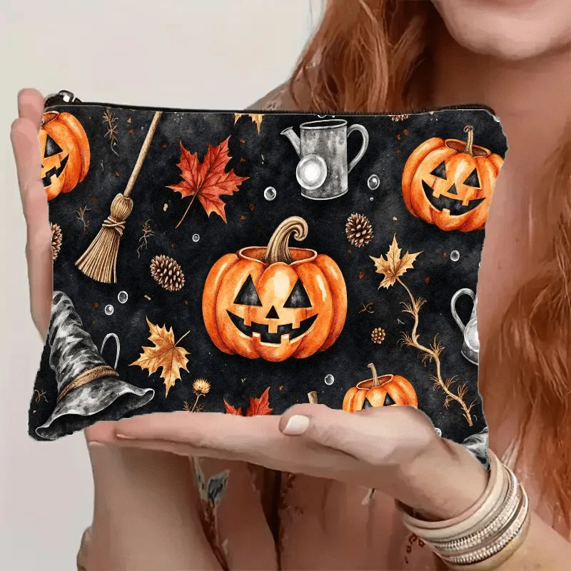 Halloween Witch Pumpkin Makeup Bag Cute Floral Design Cosmetic Case for Mom with Zipper Closure Perfect Halloween Gift