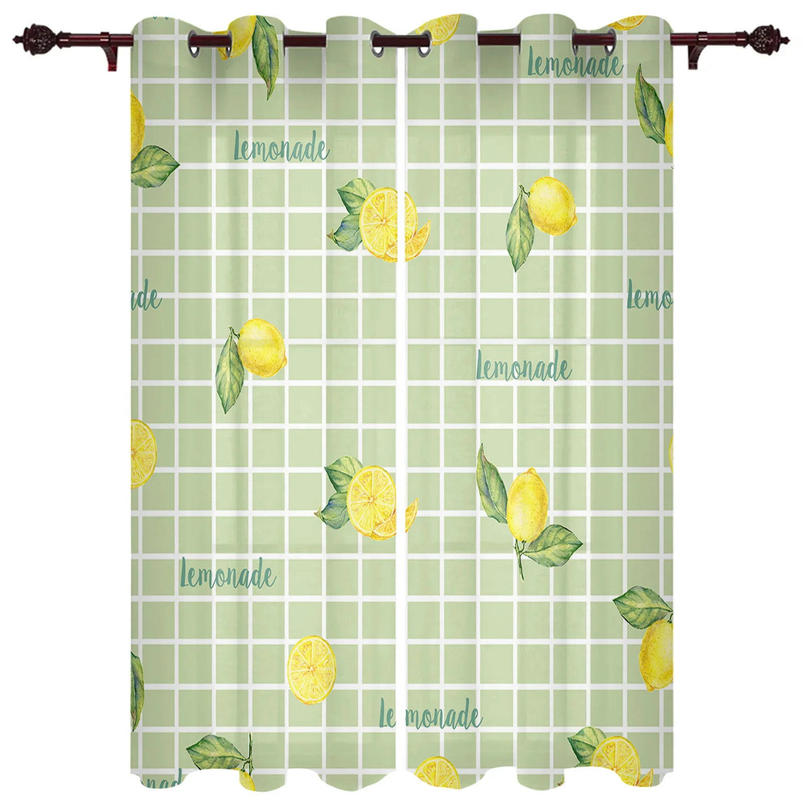 

Checkered Letters Lemon Leaves Window Curtain Living Room Luxury Valance Curtain for Bedroom Home Kitchen Decor Curtain