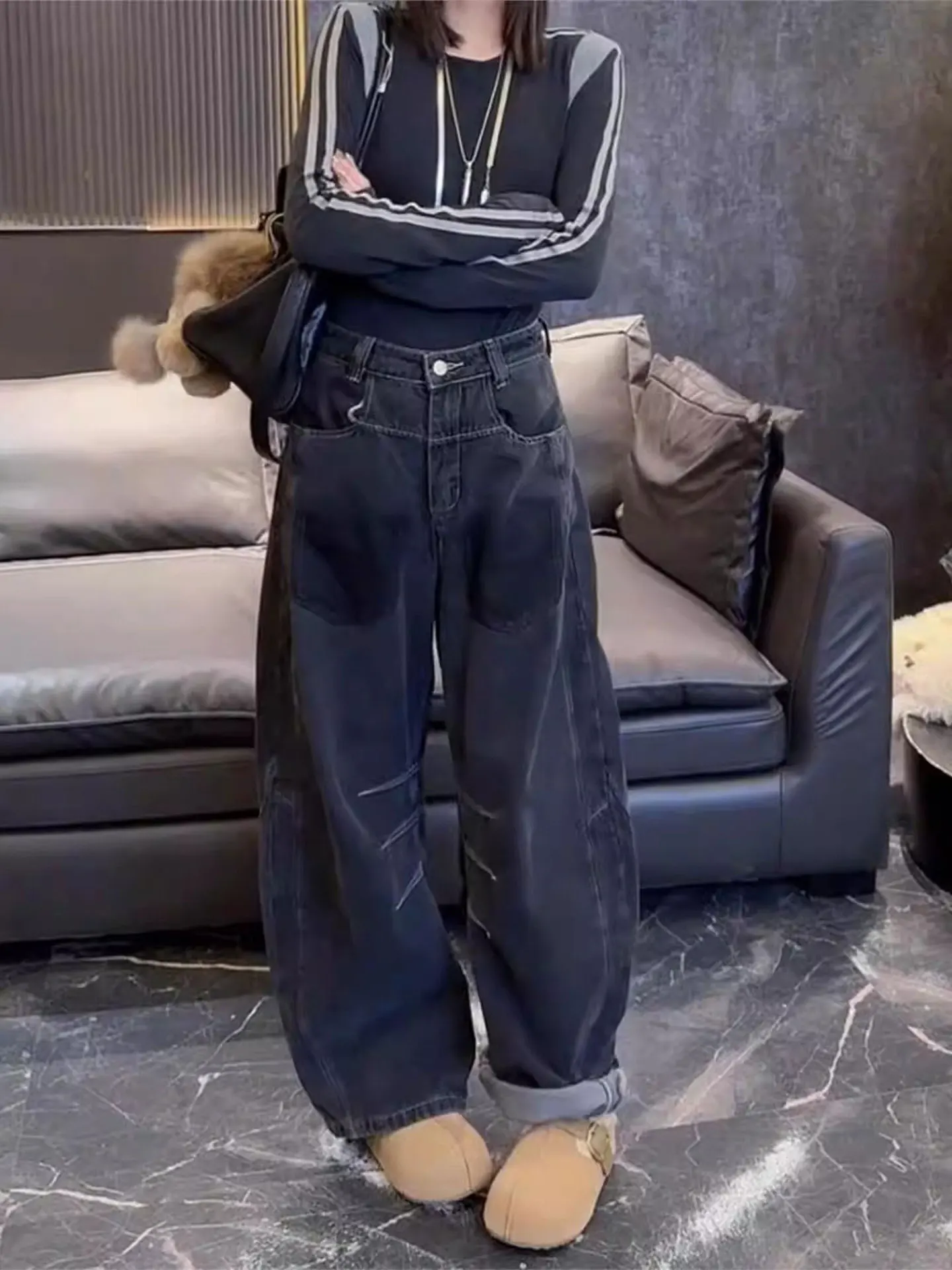 

High Waist Thiened Fce Wide Leg Jeans Women's Winter plus Size Curved Knife Retro Stitching Long Pants Casual Loose Fit