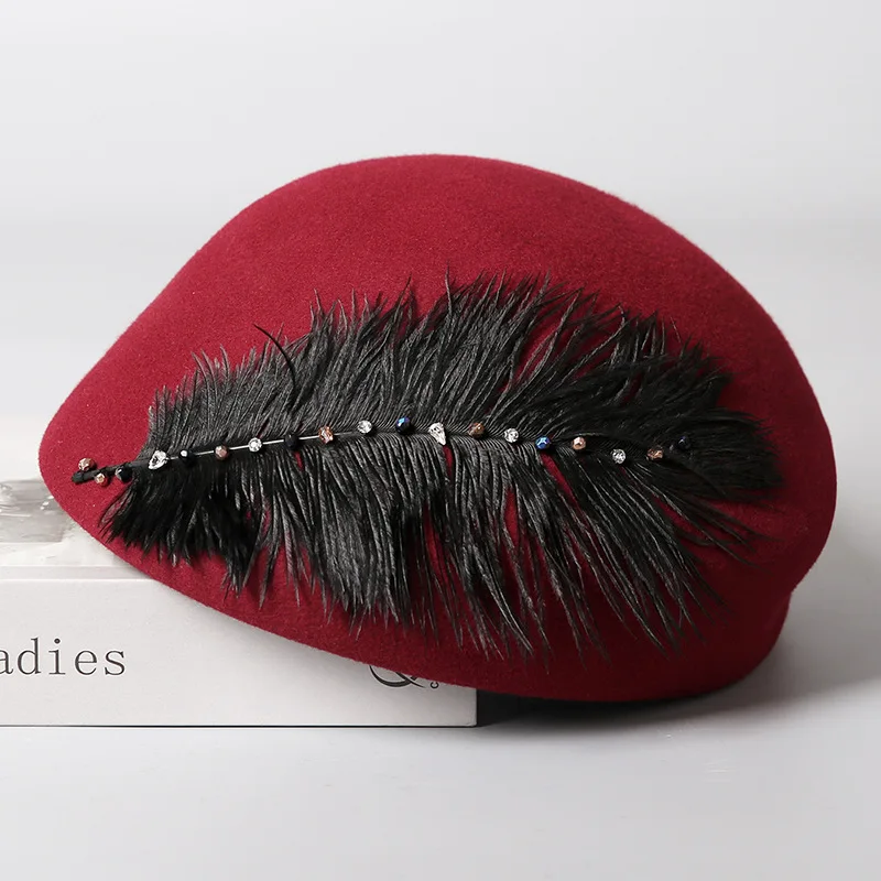 Japanese Hand-sewn Rhinestone Feathers Women Winter Australian Wool Woolen Felt Hat Sweet Painter Hat Temperament Stewardess Hat