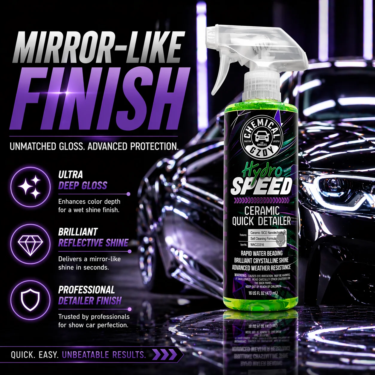 16oz Ceramic Quick Detailer Spray – SiO₂ Ceramic Coating Spray, High Gloss & Strong Water Beading, Hydrophobic Paint Protection