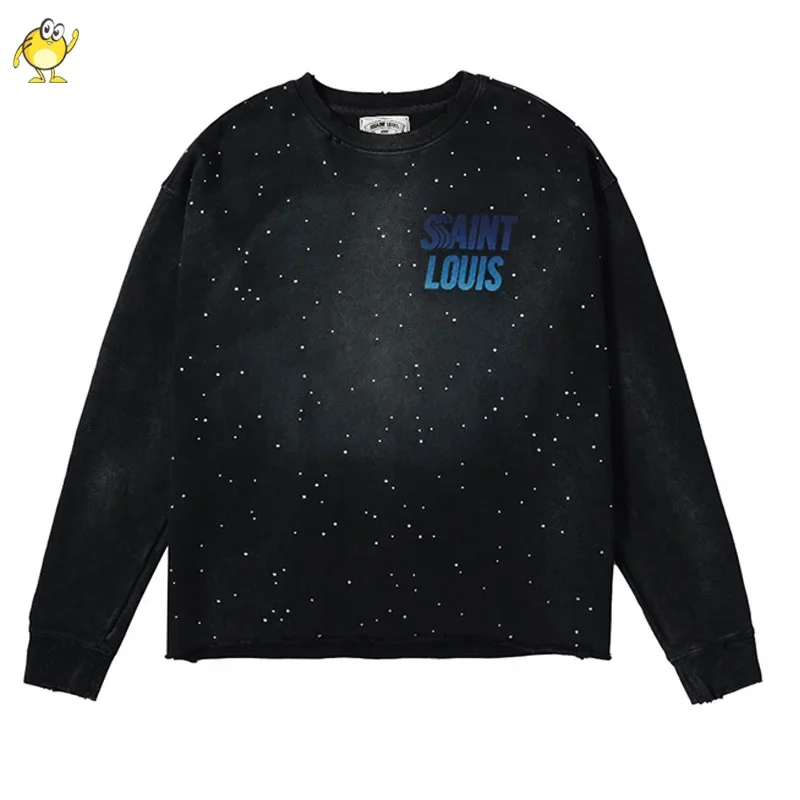 Rhinestone Round Neck Saint Louis Hoodies Men Woman Hip Hop Washed Do Old Black Loose Casual Damaged Pullover Sweatshirts