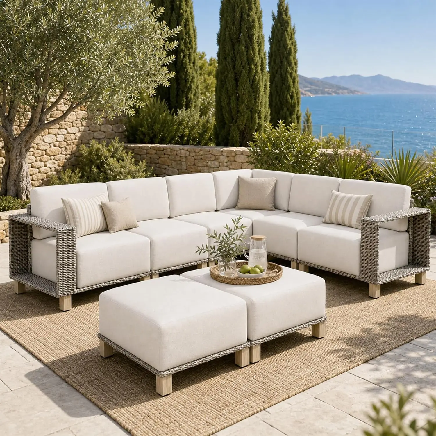 Patio Furniture Set with 10'' Thick Cushions (8 Piece, Gray/Beige), Customized