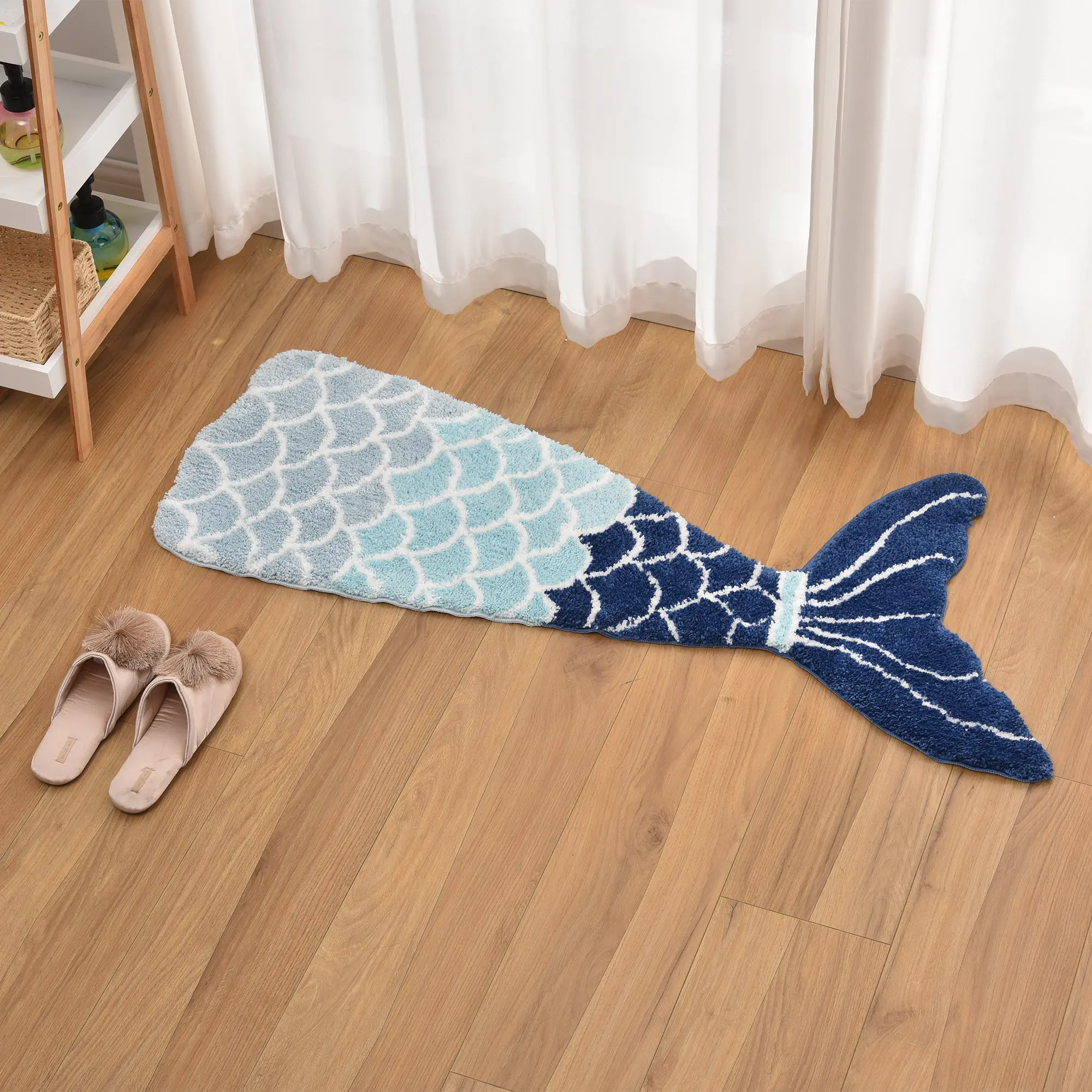 

Cute Mermaid Seashell Bath Rug Mat Adorable Kids Blue Non-Slip Mat Machine Washable Tub Soft Flannel Digital Printing Carpet Rug